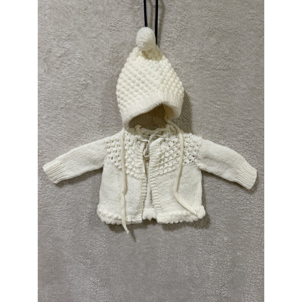 Vintage Handmade Crocheted Baby Sweater Cardigan & Bonnet Hat